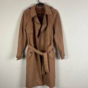 Tahari Women’s Faux Leather Trend Coat Long Sz XS Open Front Belt Brown Winter
